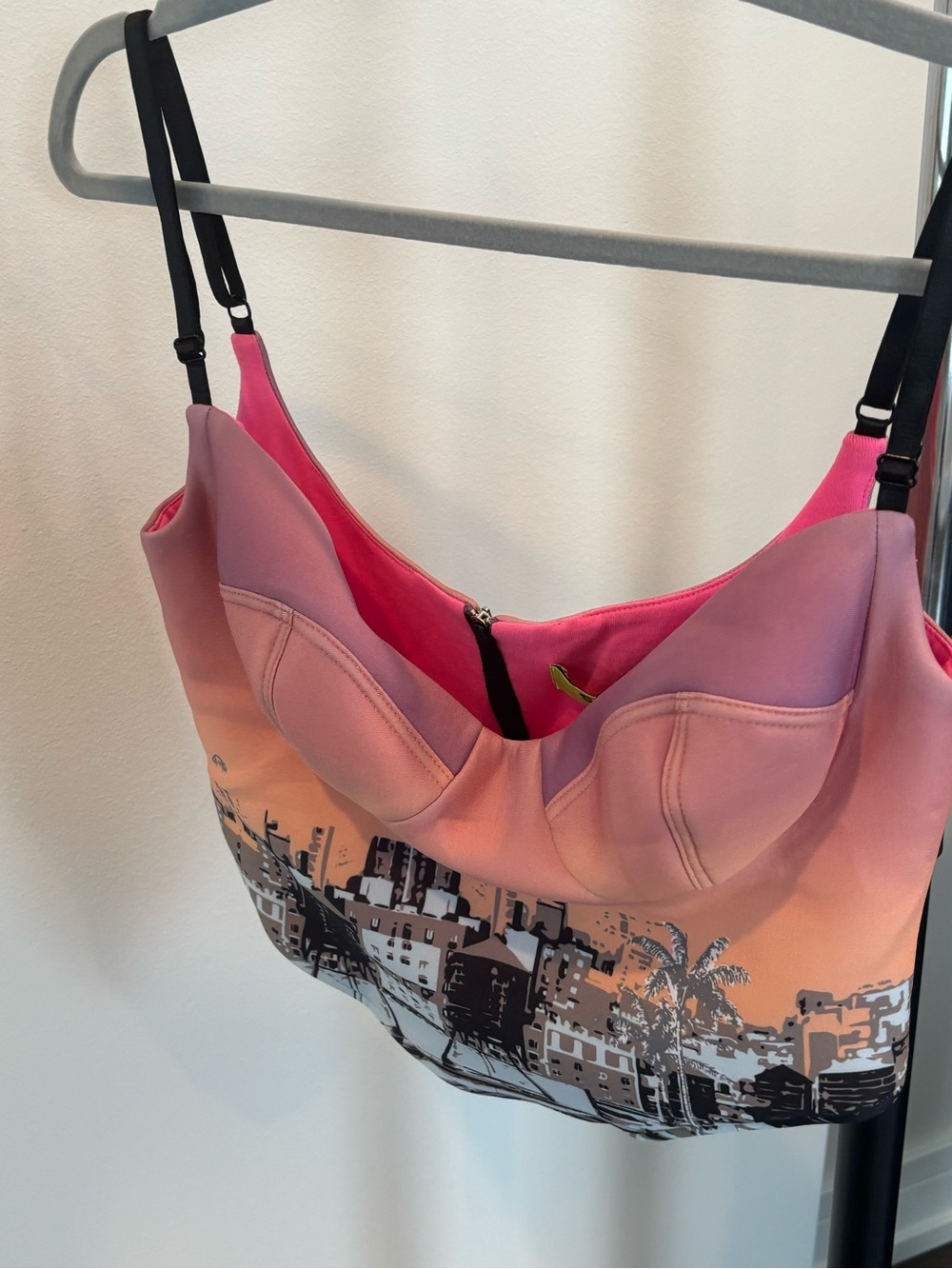 Pink Ombre City-Print Bustier Crop Top with Black Straps